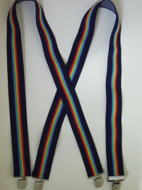 MULTI-COLOR STRIPES 1 1/2" in ASSORTED SIZES to fit 5'1" to 7' 1" heights. NAVY BLUE, RED, ORANGE, YELLOW, GREEN, LT. BLUE, PURPLE, NAVY BLUE Stripes in “X” STYLE Suspenders with 4 strong 1"X1" Stainless Steel Grips and 2 Stainless Steel Length Adjusters in the front. Entirely Stretchable Cotton/Polyester hand washable and hang to dry material. X-UB220N-NARA